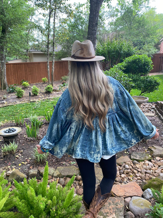 A Rare Bird Shop - Vintage Distressed Denim Wash Pleated Jacket