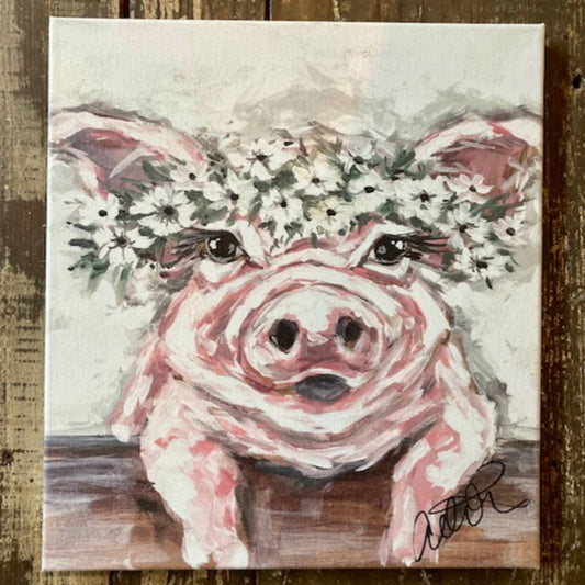 Rustic Nester - Farm Animal Pig art canvas print, Farmhouse decor Spring art