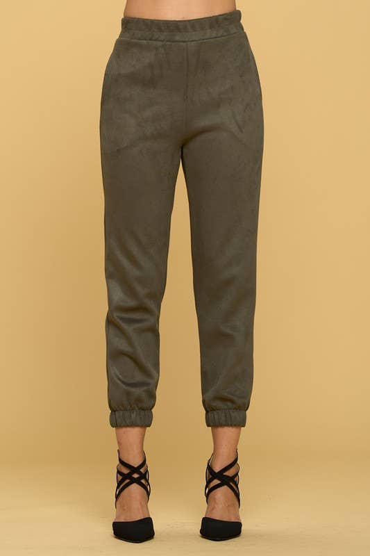 Renee C. - Made in USA Olive Suede Jogger Pants with Pockets