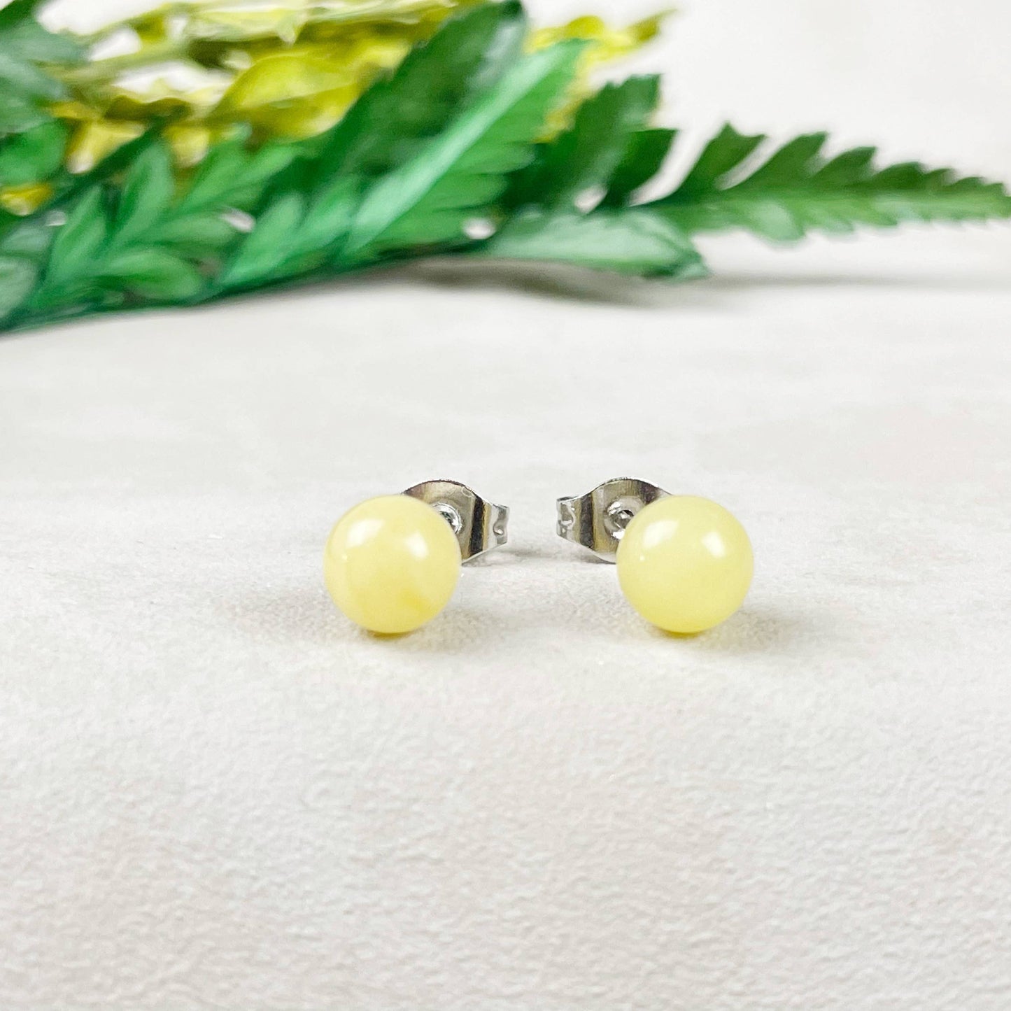 Ewelina Pas Jewelry - Silver 6mm Yellow Amber Orb Stud Earrings