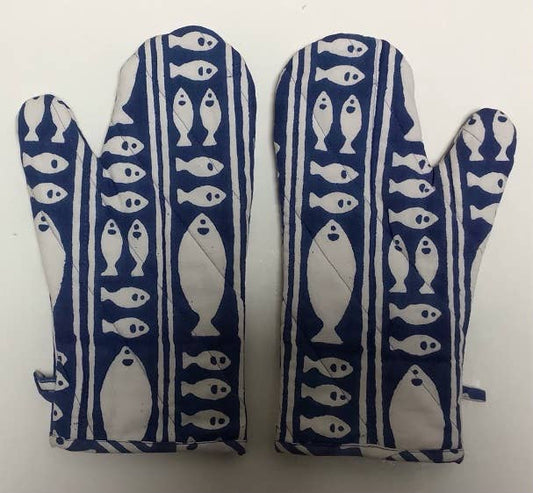 Natural Habitat - Oven Mitts Pair Striped Fish Blue
