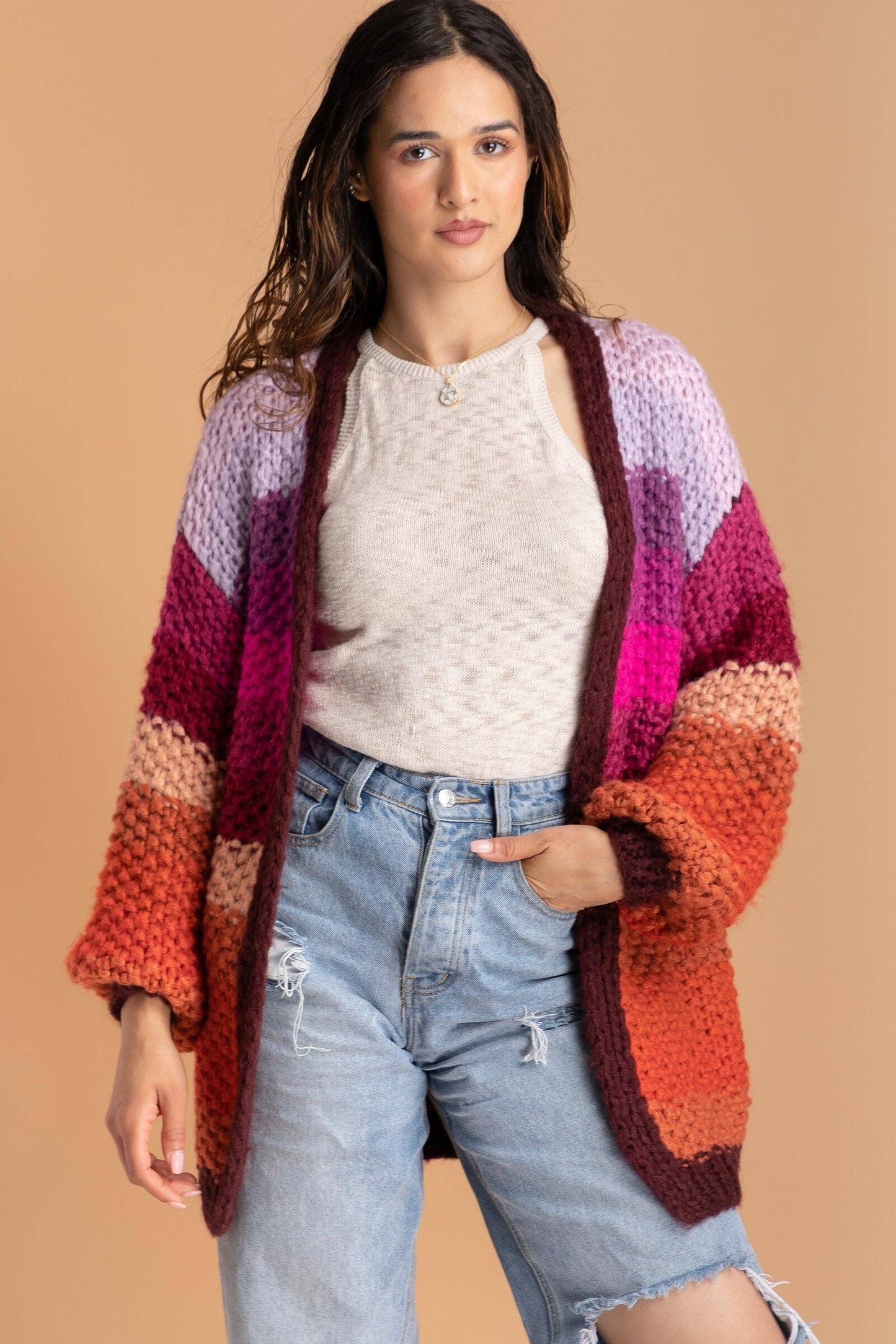 SAACHI - Rainbow Hand Made Knitted Cardigan Kimono