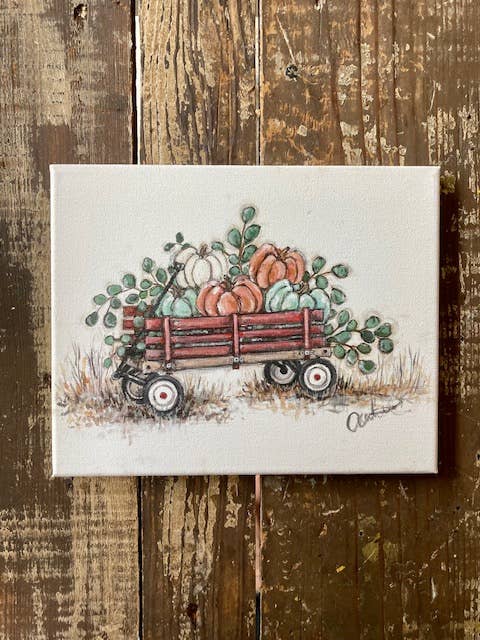Rustic Nester - Wagon of pumpkins origianl art canvas print, Fall Home Decor
