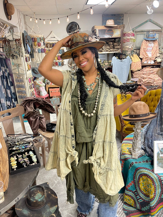 A Rare Bird Shop - Pollyanna Distressed Olive Duster Dress