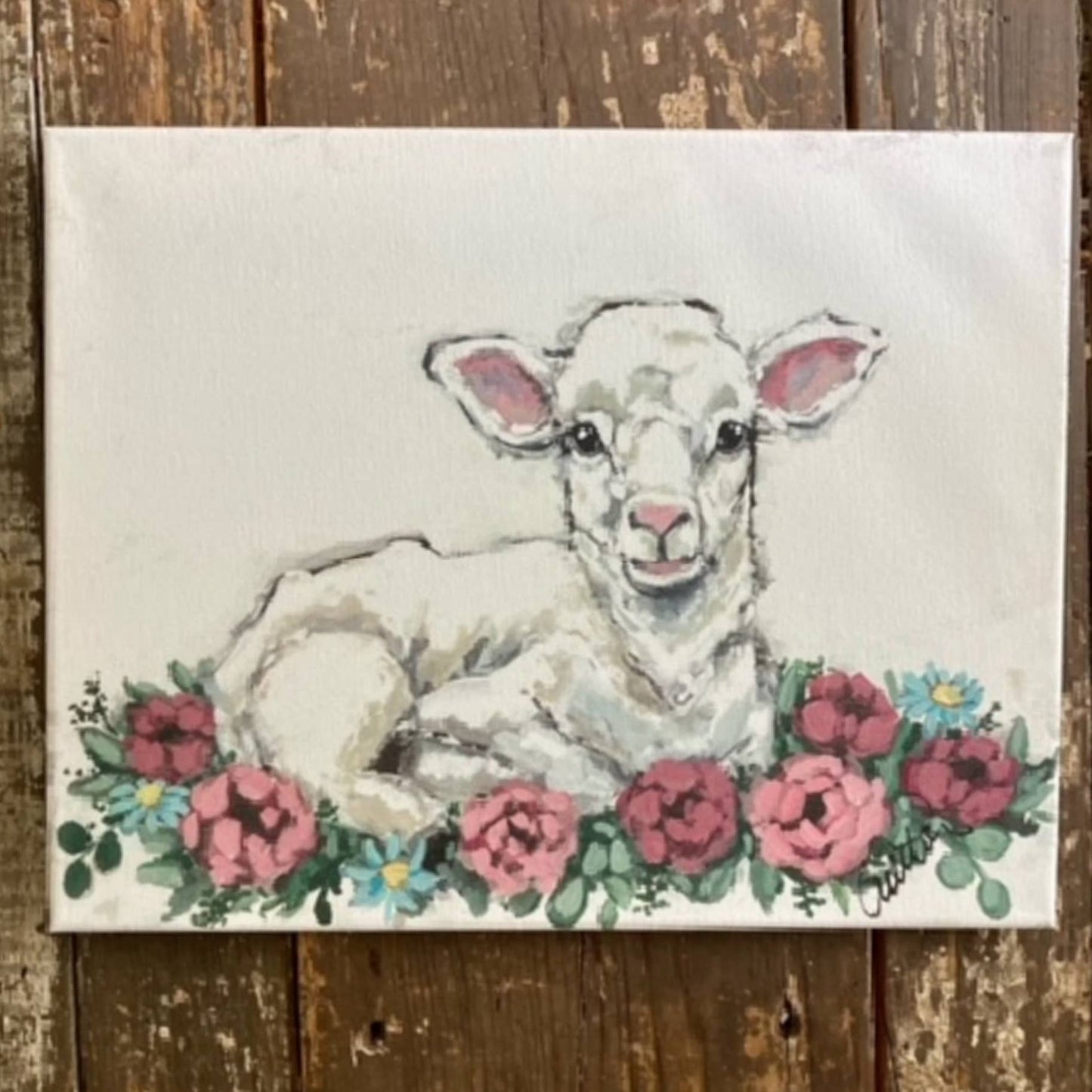 Rustic Nester - Lamb art print, Easter Sheep wall canvas art, Floral decor