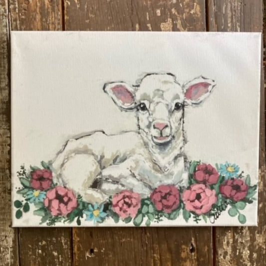 Rustic Nester - Lamb art print, Easter Sheep wall canvas art, Floral decor
