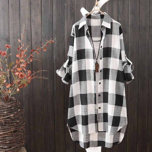 OriginHey - Long Size Women's Loose Slim Fashion Plaid Blouse