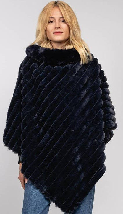 Poncho Striped Fake Faux Fur Loowie: Navy