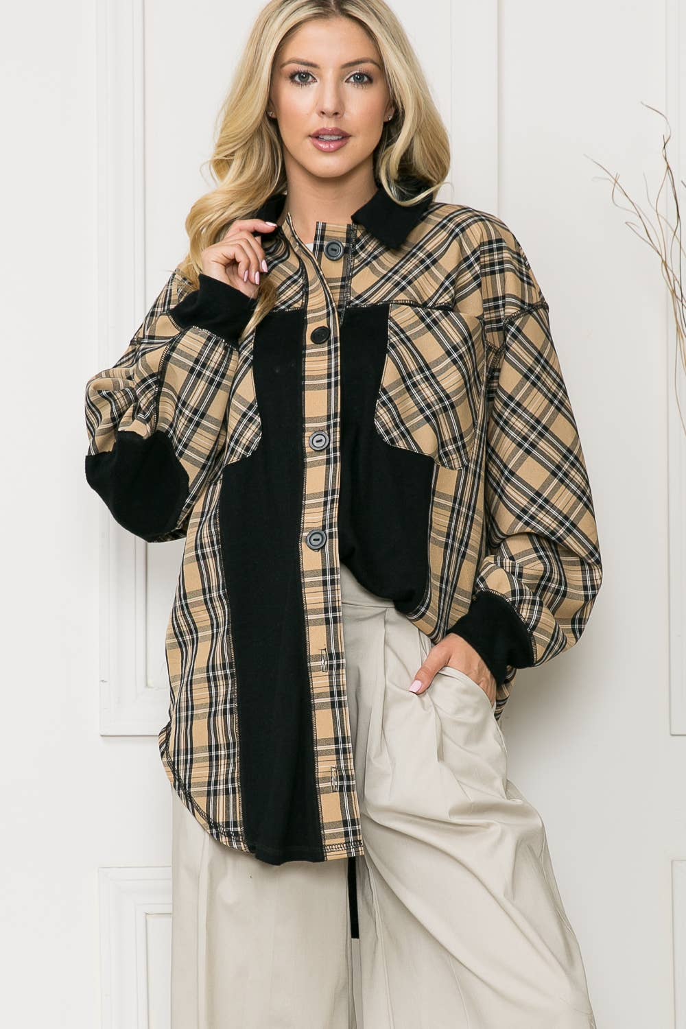 Orange Farm Clothing - Woven Plaid Oversized Elbow Patch Shacket