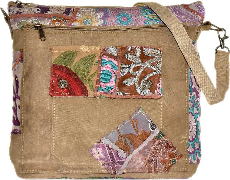 Recycled Military Tent Crossbody with Vintage Fabric Trim