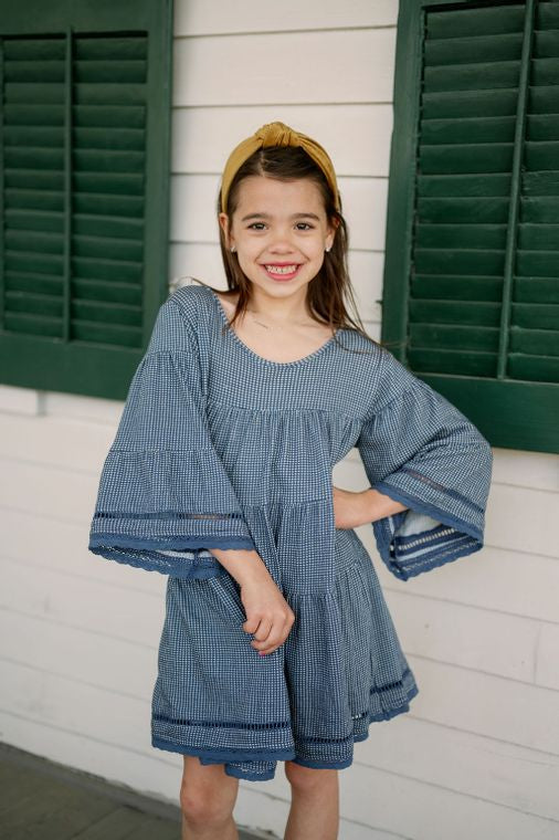 Emma Grace Shoppe: Organic Cotton Multi Tiered Boho Dress-French Blue Check