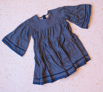 Emma Grace Shoppe: Organic Cotton Multi Tiered Boho Dress-French Blue Check