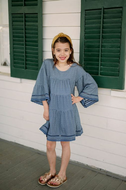 Emma Grace Shoppe: Organic Cotton Multi Tiered Boho Dress-French Blue Check