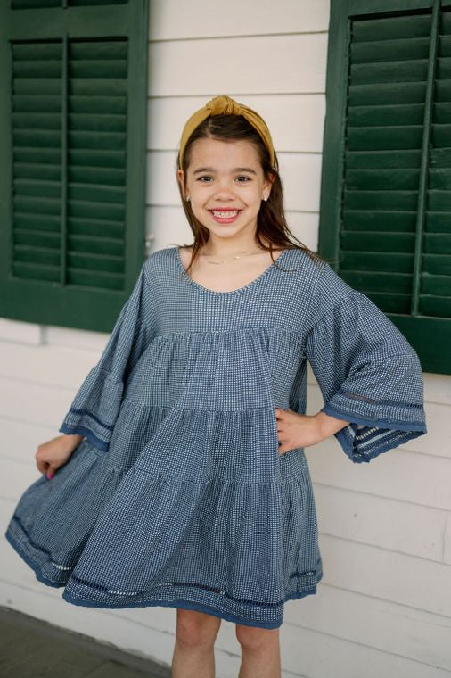 Emma Grace Shoppe: Organic Cotton Multi Tiered Boho Dress-French Blue Check