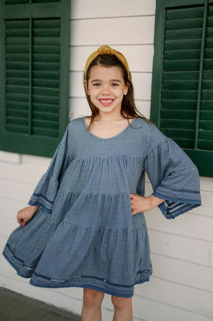 Emma Grace Shoppe: Organic Cotton Multi Tiered Boho Dress-French Blue Check